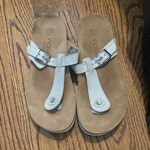 Vionic White/Silver Glitter T-Strap Sandals